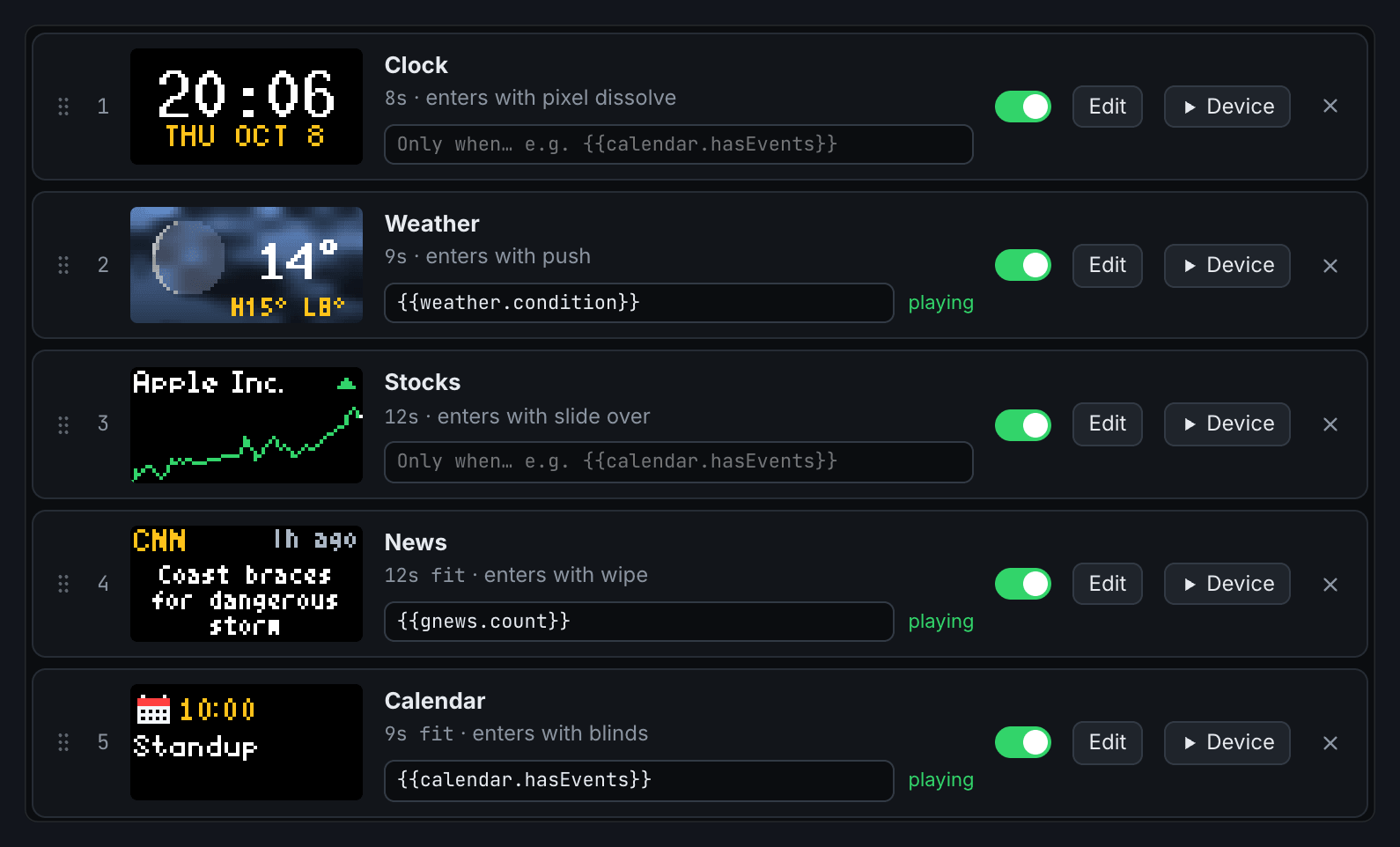 The Deck tab: each slide with its Play only when field, and which are playing right now