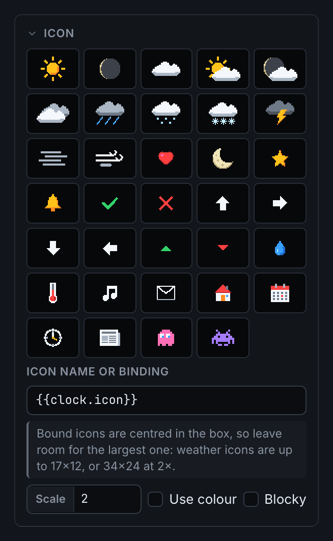 The icon picker, with the icon bound to {{clock.icon}}