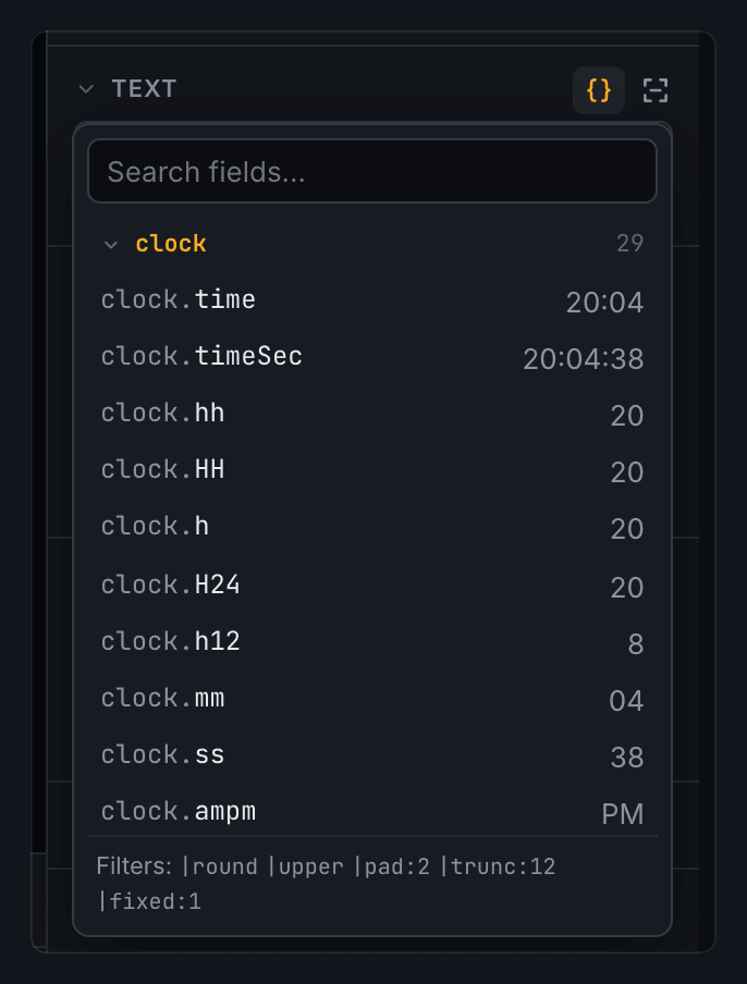 The Insert data list, showing the clock's fields and their values right now