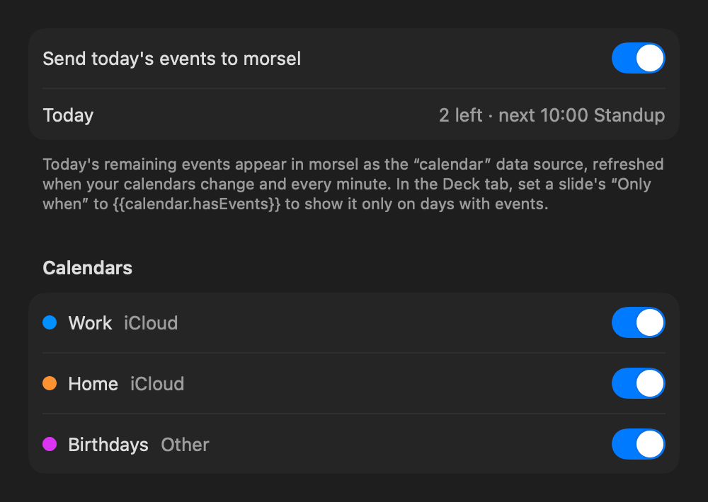 Calendar settings: sending today's events, two left with Standup next at 10:00, and the Work, Home and Birthdays calendars all included