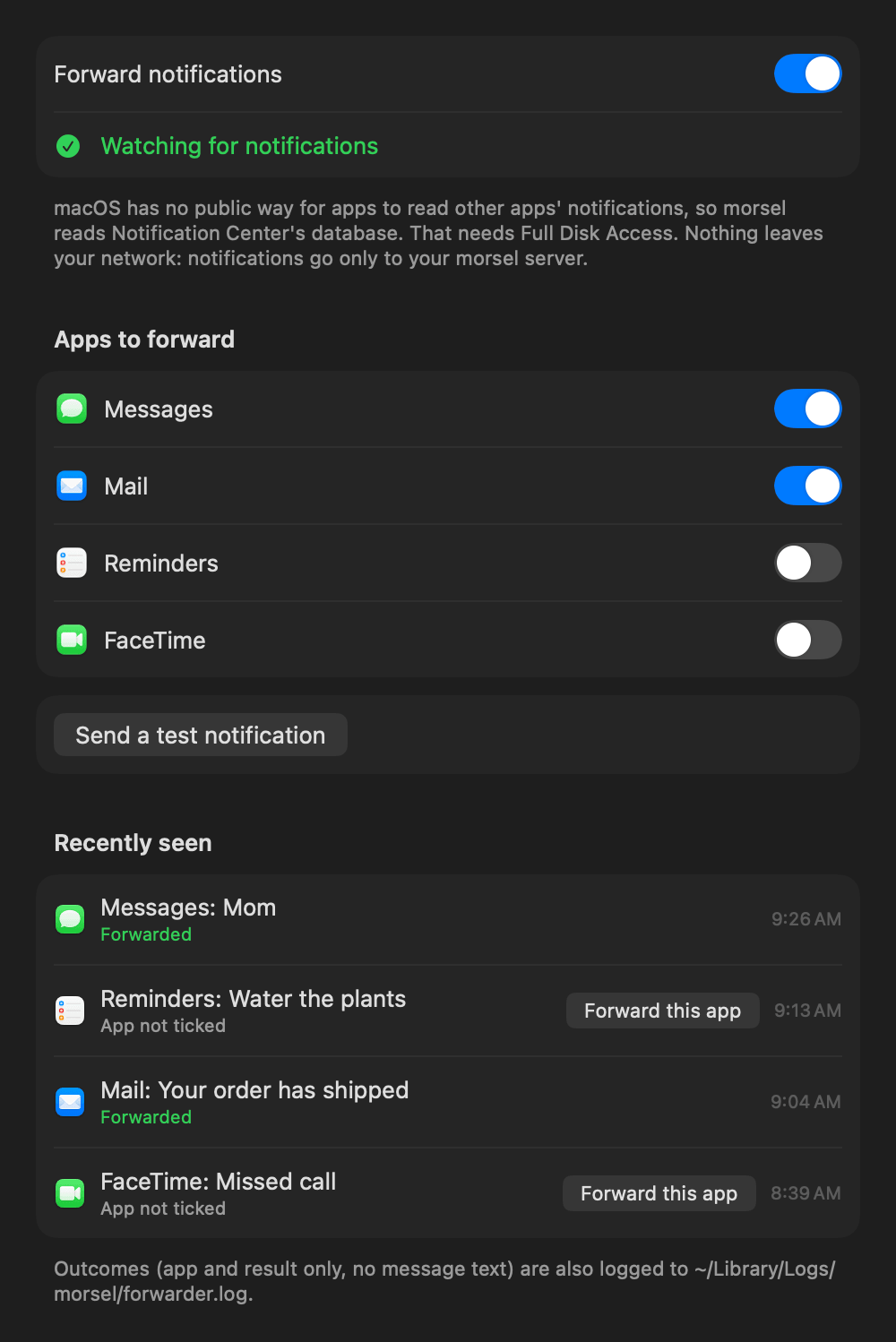 Notification settings: watching for notifications, Messages and Mail forwarded, Reminders and FaceTime not, and a list of recently seen notifications with what happened to each
