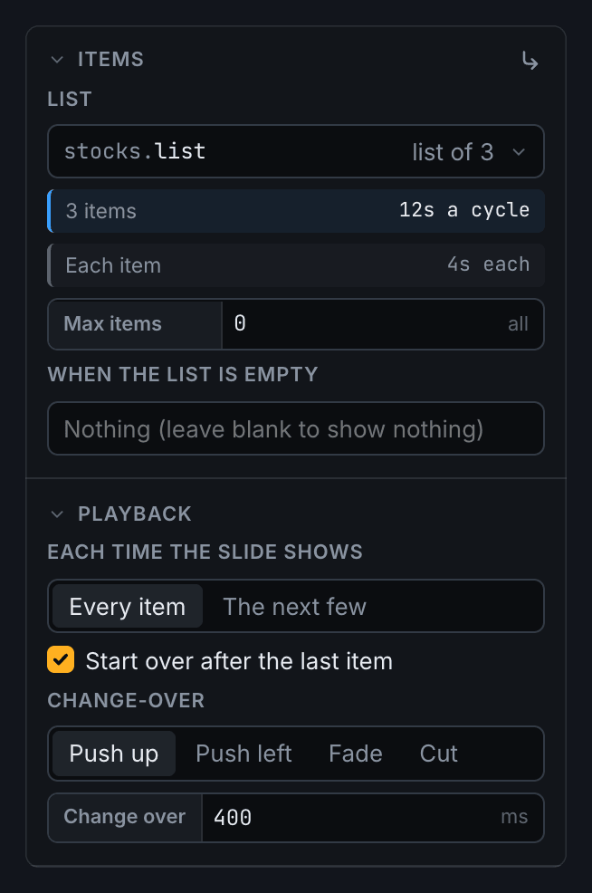 A rotator's Items and Playback sections: its list, how long each item is, which items to show each time, and the change-over
